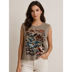 Huulala womens Sz M hand embroidered Beige Nature Scene Linen top NWOT